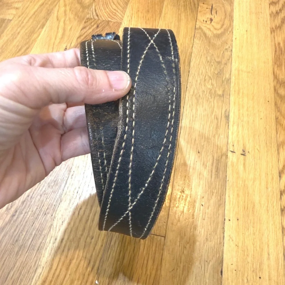 Vintage Distressed Black Leather Belt Diamond Contrast Stitch‎ No Buckle 32
